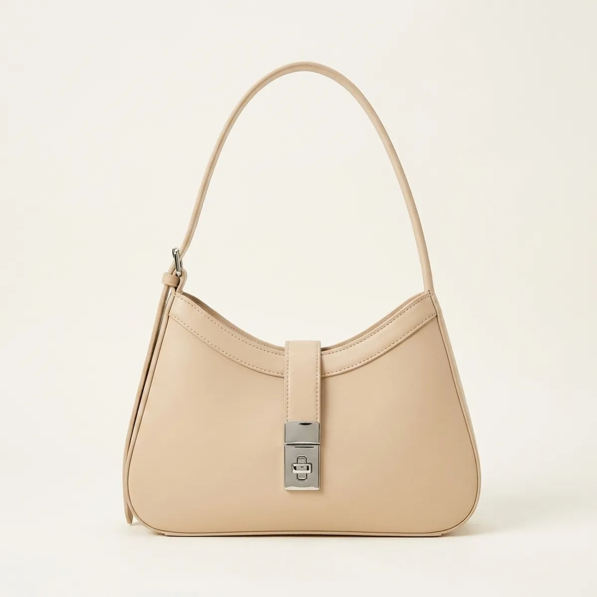 Bolso Hobo Mujer Asa Alta con Cierre Metalico Cuero Ecologico Beige Cartera-0