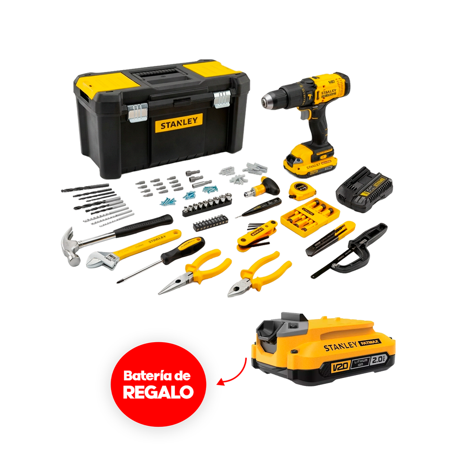 Kit Taladro Percutor Stanley SCD712D1H-B2 + Acc. y Herr. Manuales + 1 Batería de Regalo-0