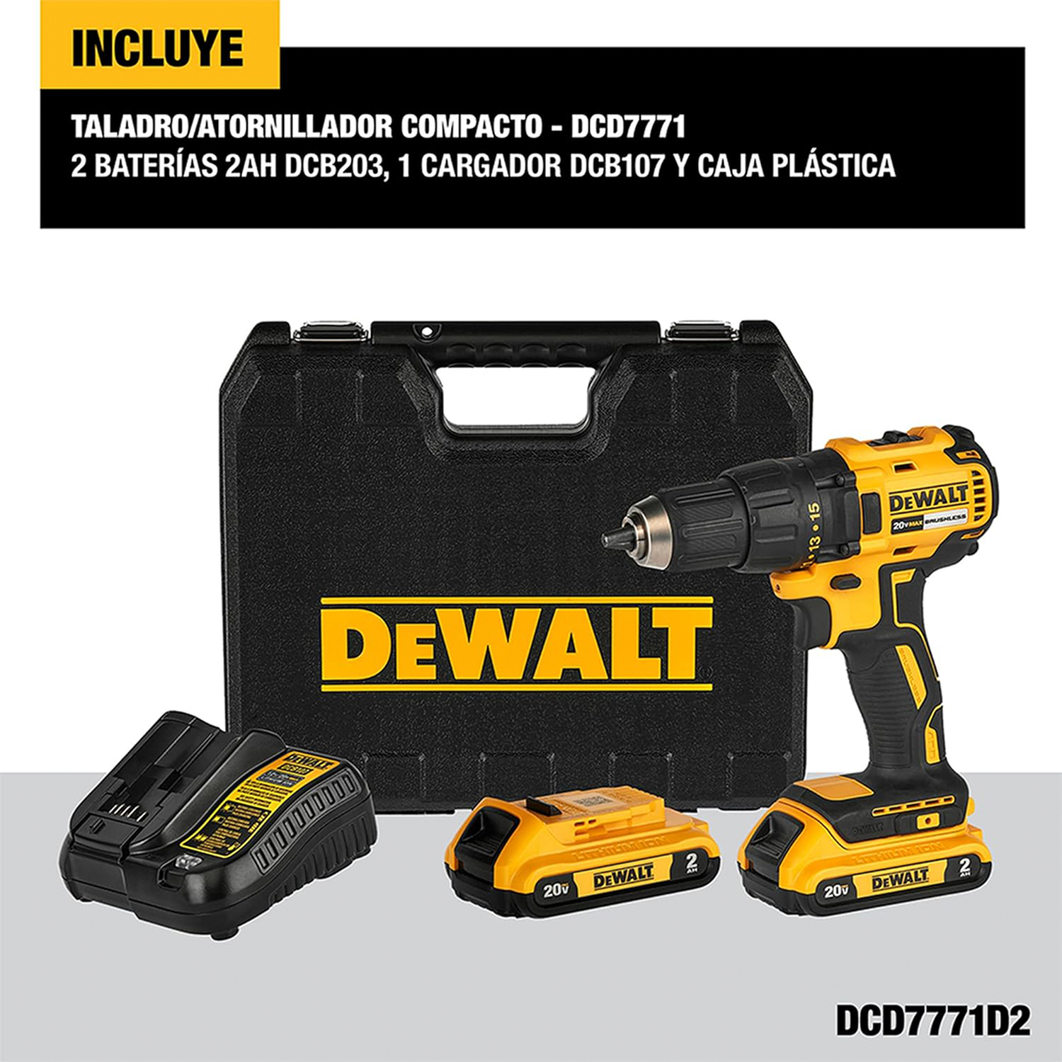 Kit Taladro Atornillador Inal 13mm 20V MAX Dewalt DCD7771D2-B2-1