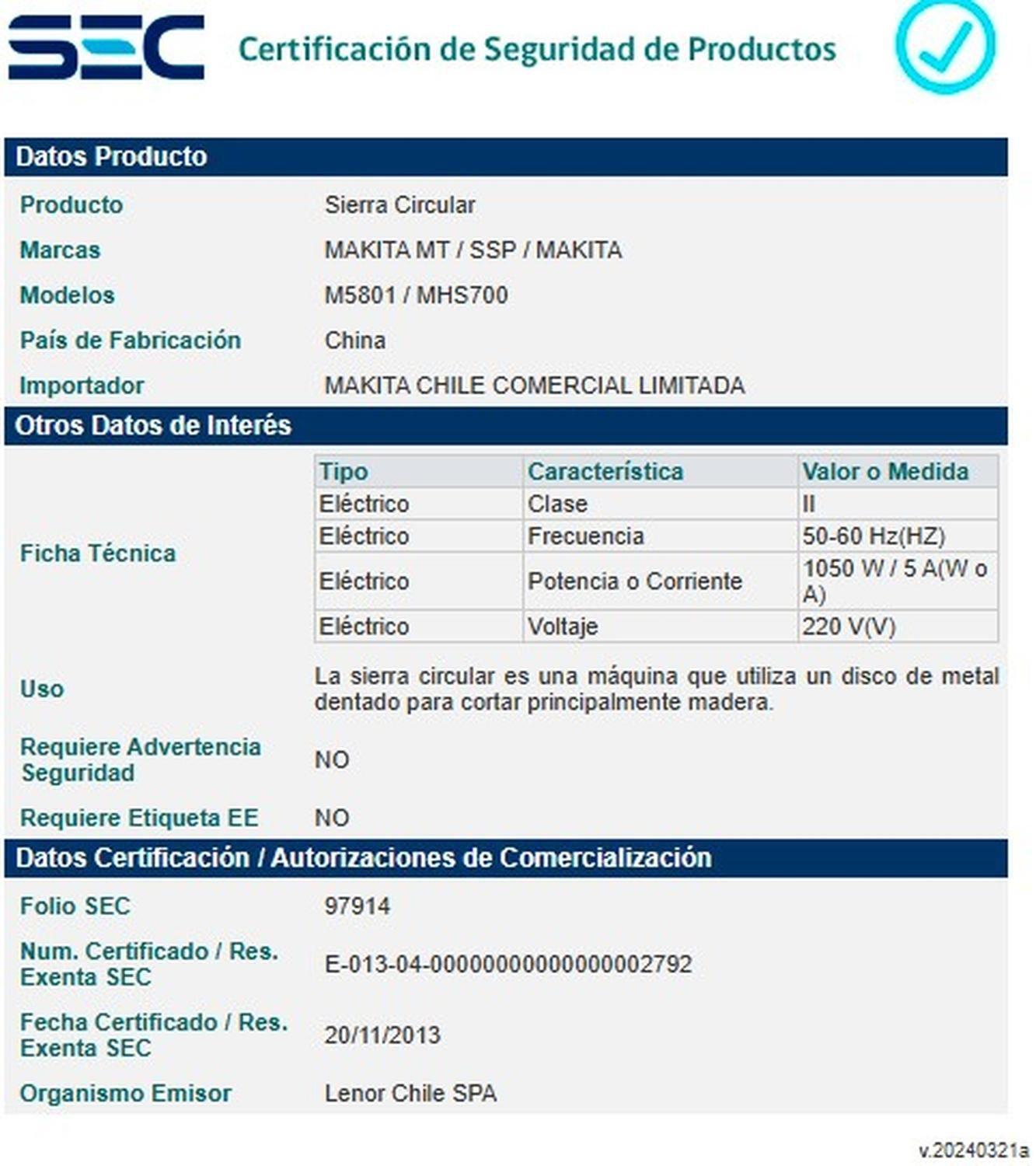 Sierra Circular Makita M5801b 1050 Watts-5