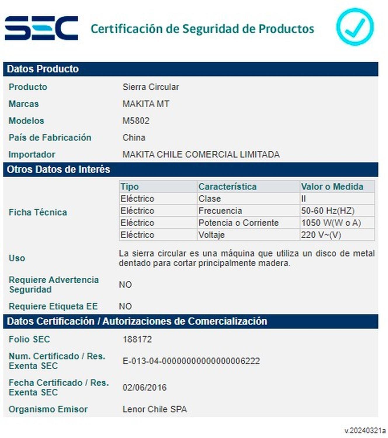 Sierra Circular Makita 190mm 7-1/2'' 1050w M5802b-6