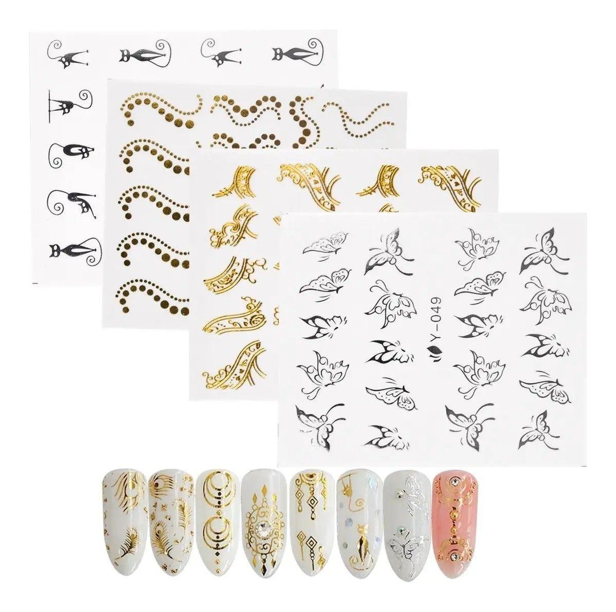 30hojas Pegatinas Decoraci n U as L ser Dorado Plata Sticker-5