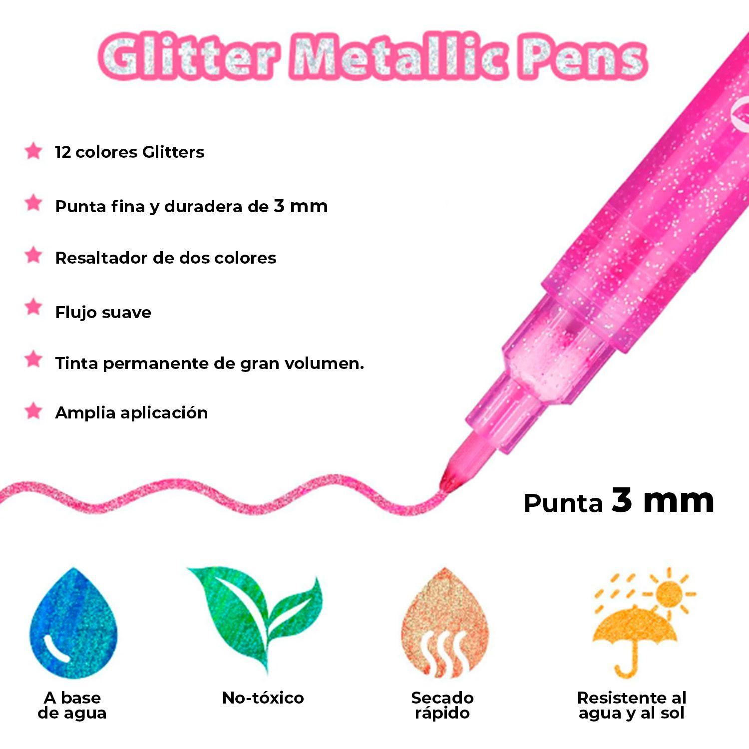 Ohuhu 12 Marcadores Glitter Metálicos Purpurina punta 3mm-2