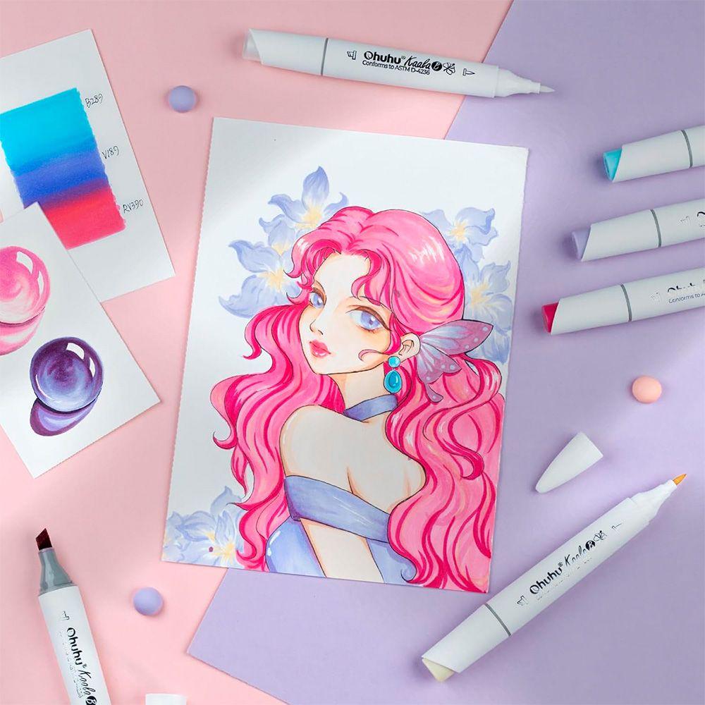 Ohuhu 60 Marcadores Base Alcohol Mini pincel y Biselada fina-6