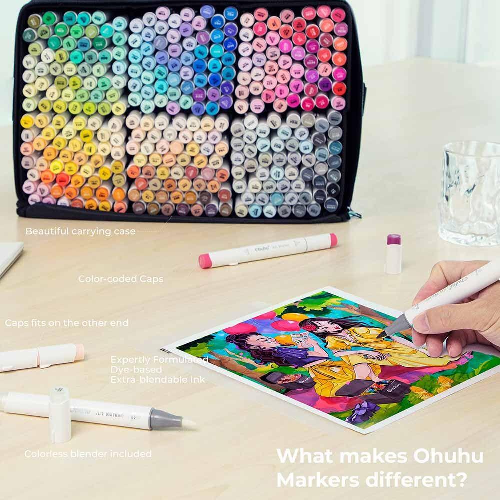 Ohuhu 320 Marcadores Alcohol + 1 Blender Pincel & Biselada-4