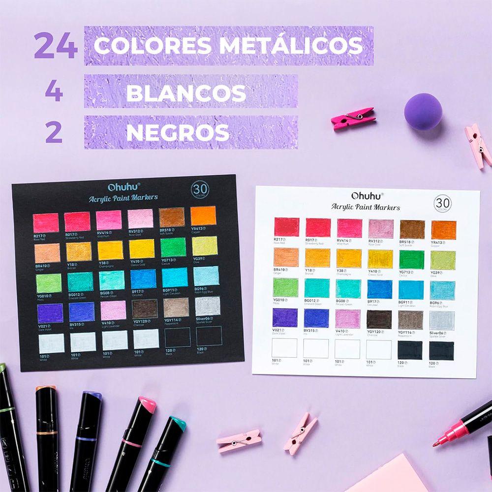 Ohuhu 30 Marcadores Acrílicos (24 Metálicos) Fina y Redonda-4