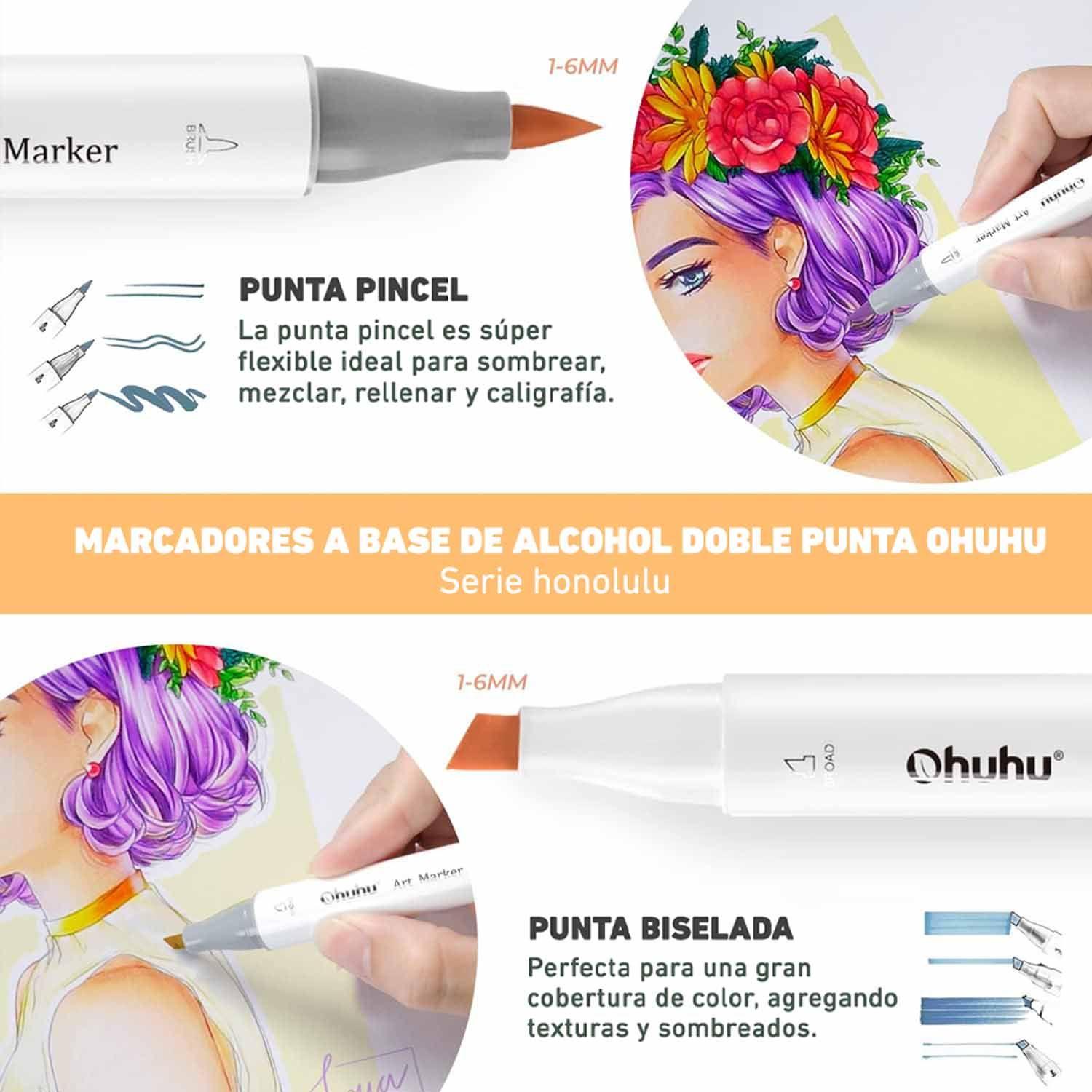 Ohuhu 48 Marcadores Alcohol Tonos Medios Pincel & Biselada-3