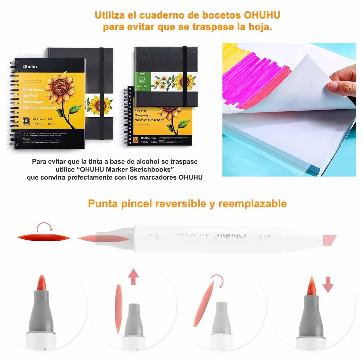 Ohuhu 104 Marcadores de Alcohol + 1 Blender Pincel&Biselada-3