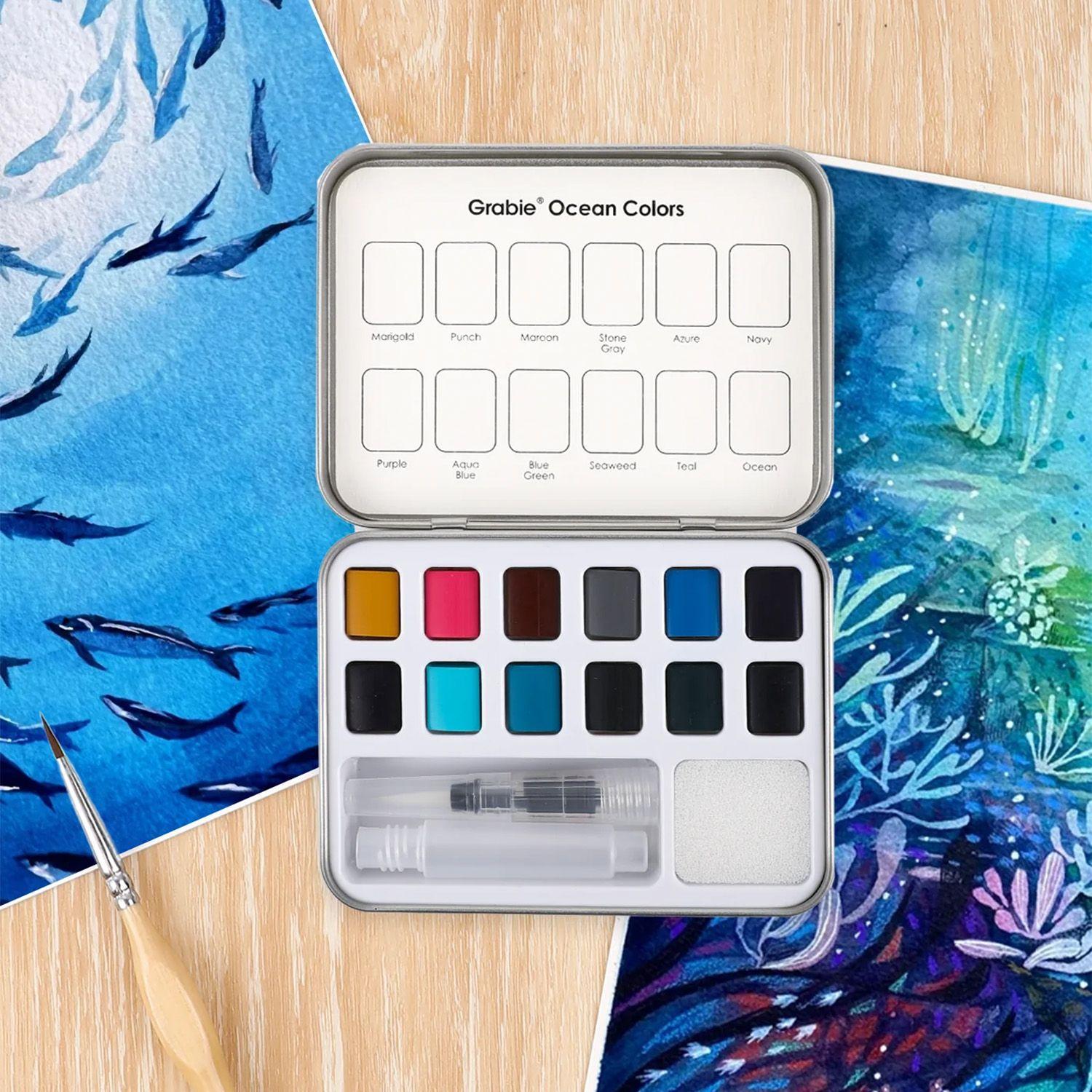 Grabie Set Acuarela de Bolsillo + Pincel 12 colores Océano-7