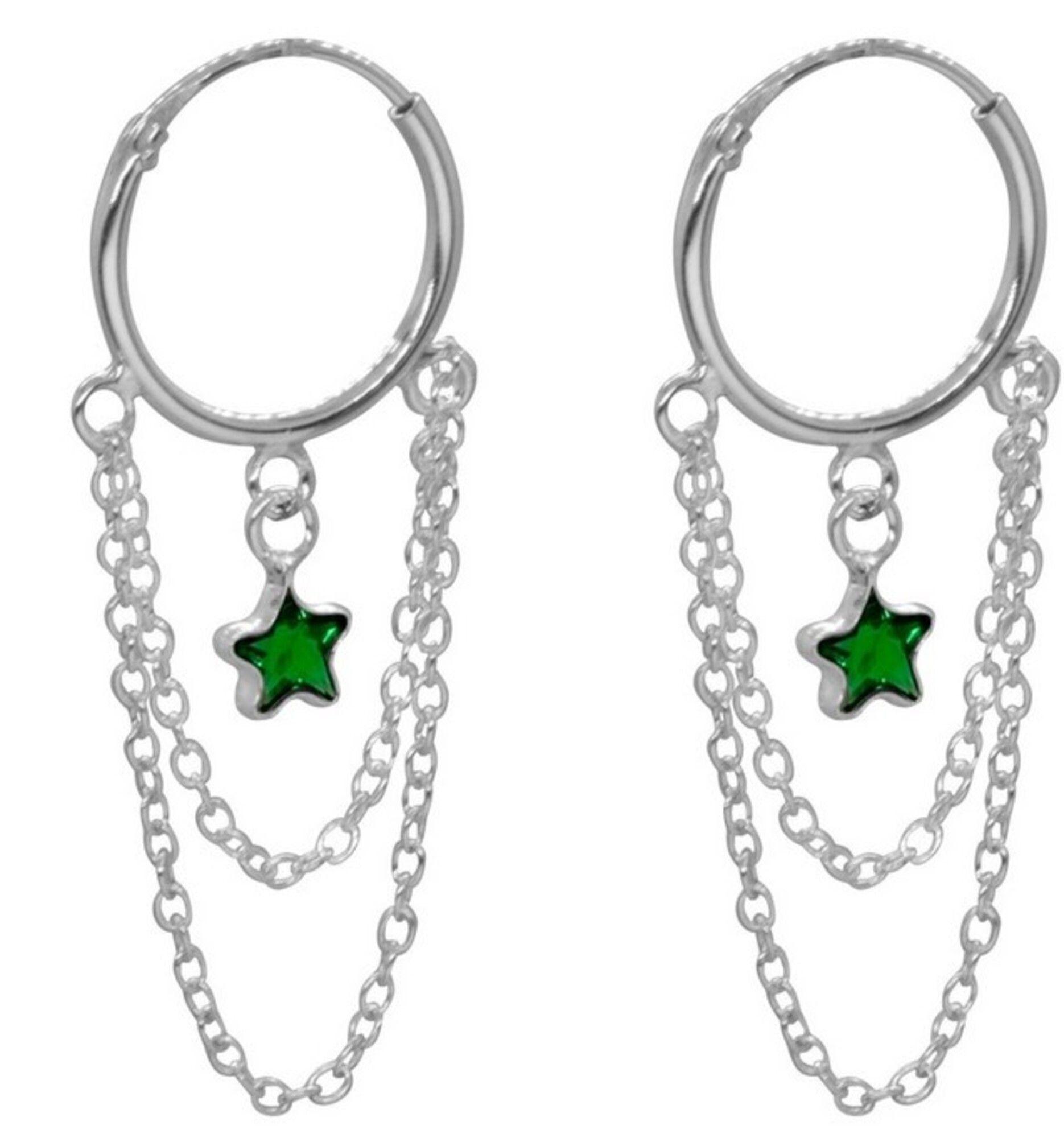 Aro Plata Argolla Cadena Estrella Circón Verde Caja Regalo-0