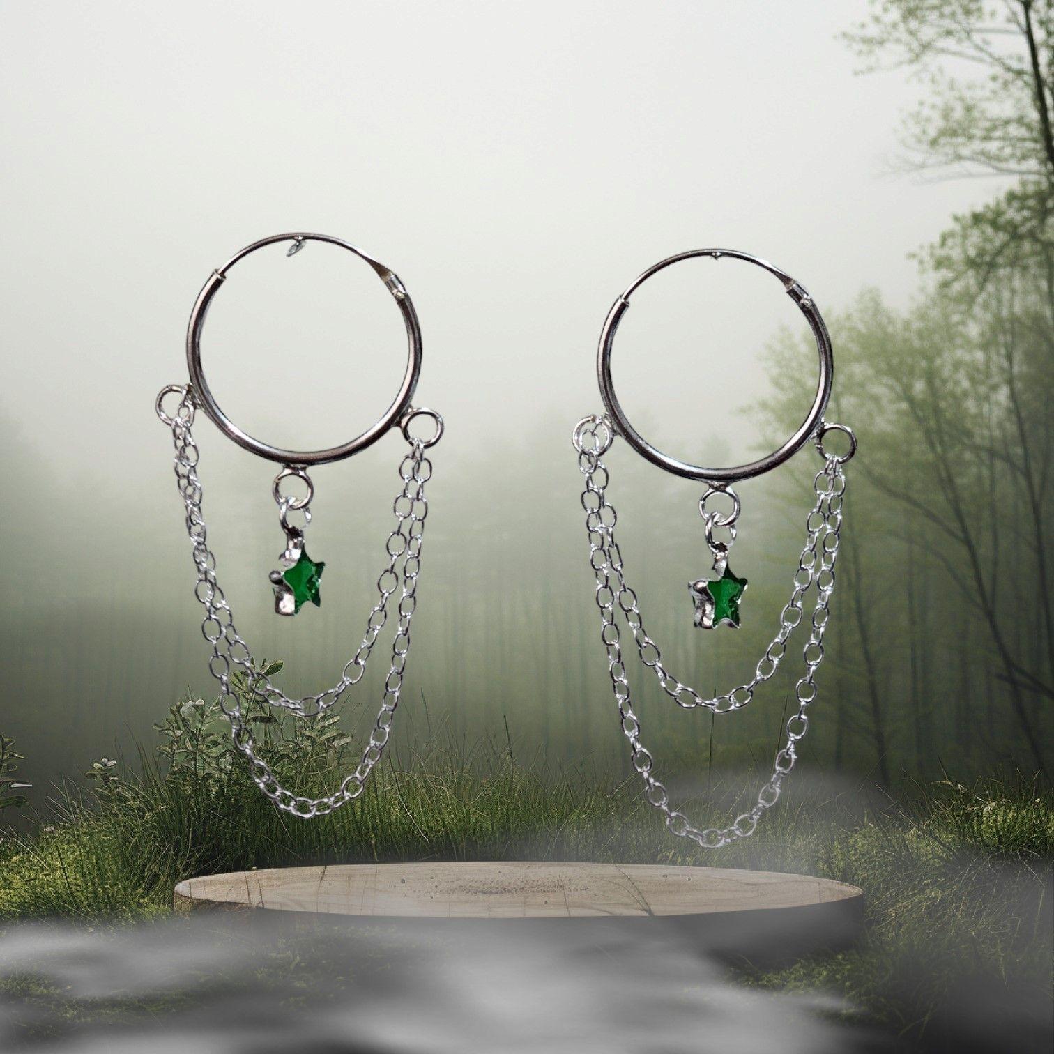 Aro Plata Argolla Cadena Estrella Circón Verde Caja Regalo-2