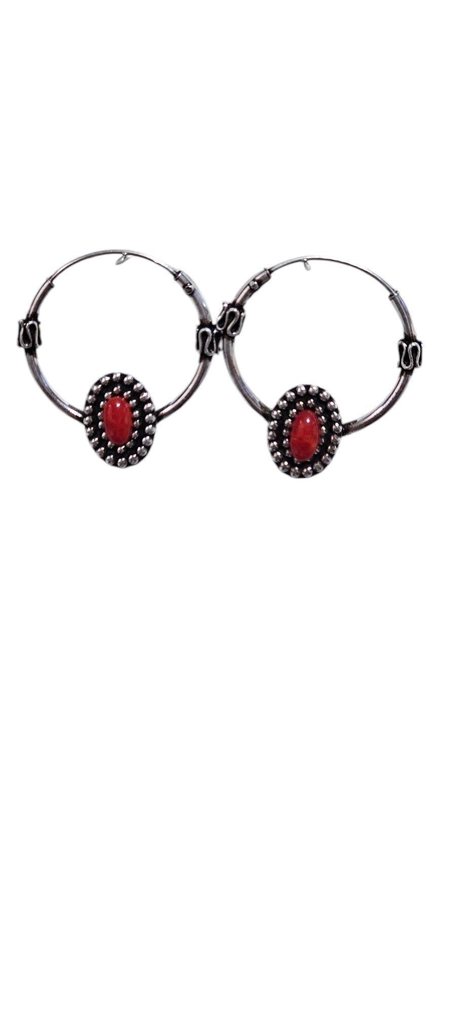 Aros De Plata 925 Argollas Diseño Tribal Con Coral-2