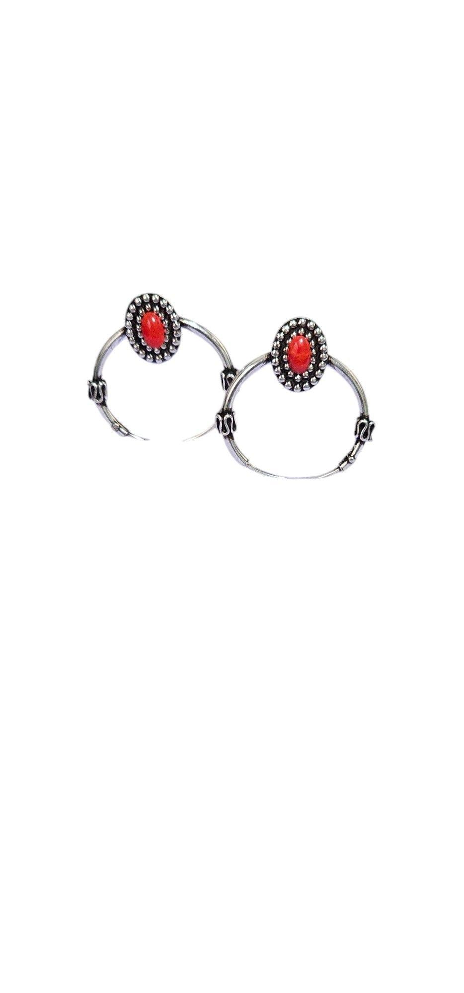 Aros De Plata 925 Argollas Diseño Tribal Con Coral-3