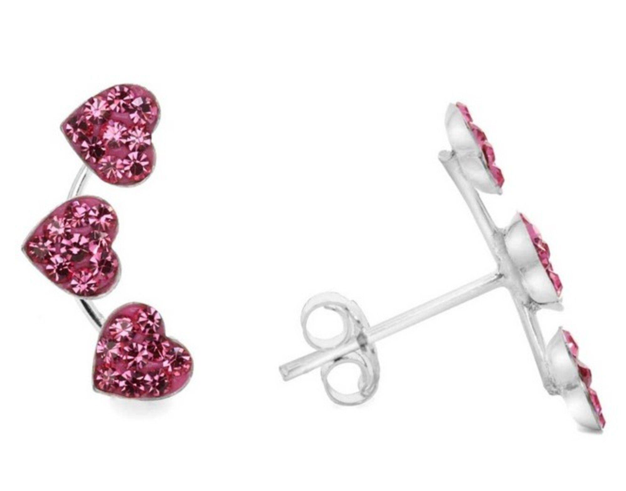 Aros De Plata 925 Trío Corazón Strass Rosa-0