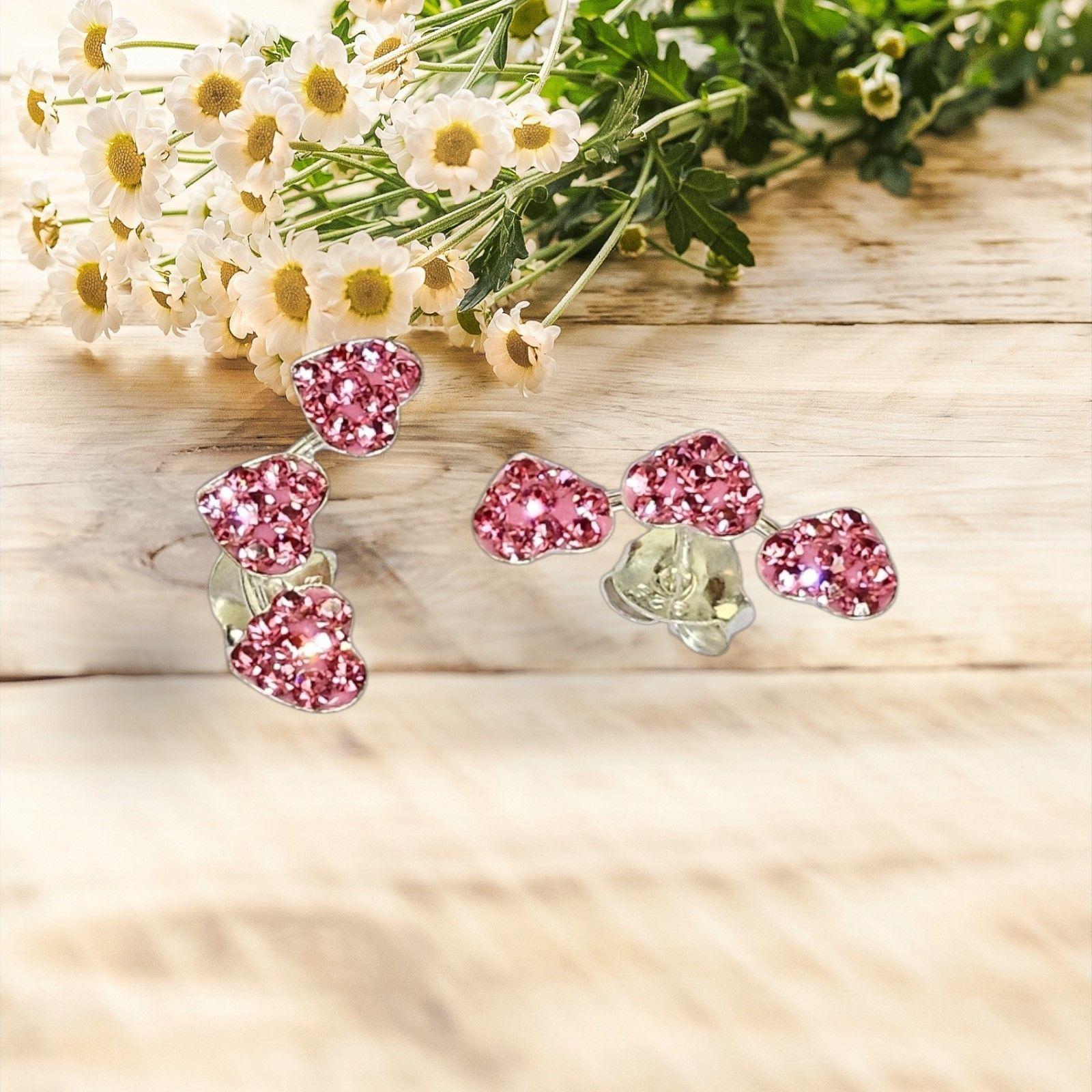 Aros De Plata 925 Trío Corazón Strass Rosa-1