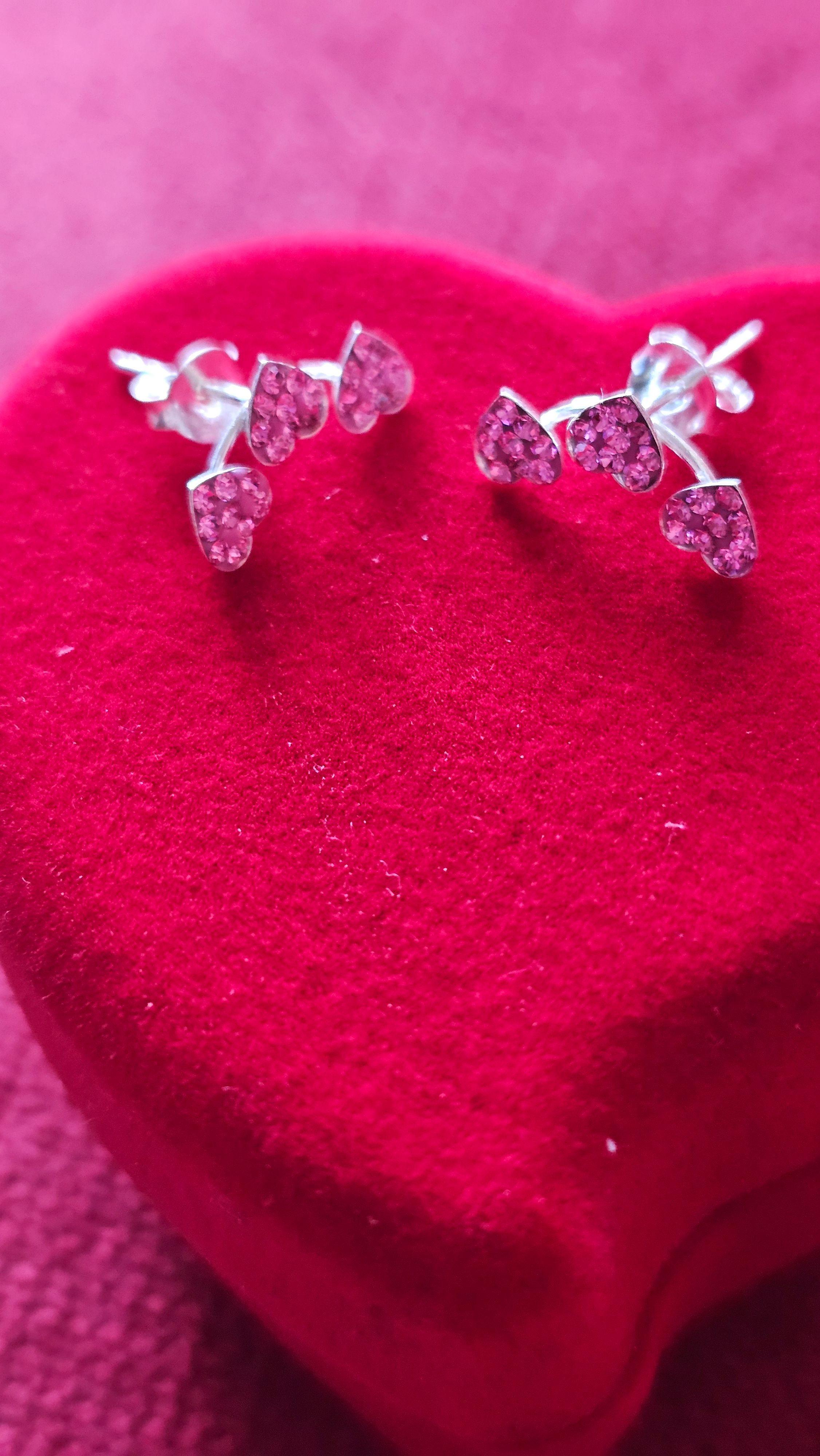 Aros De Plata 925 Trío Corazón Strass Rosa-2