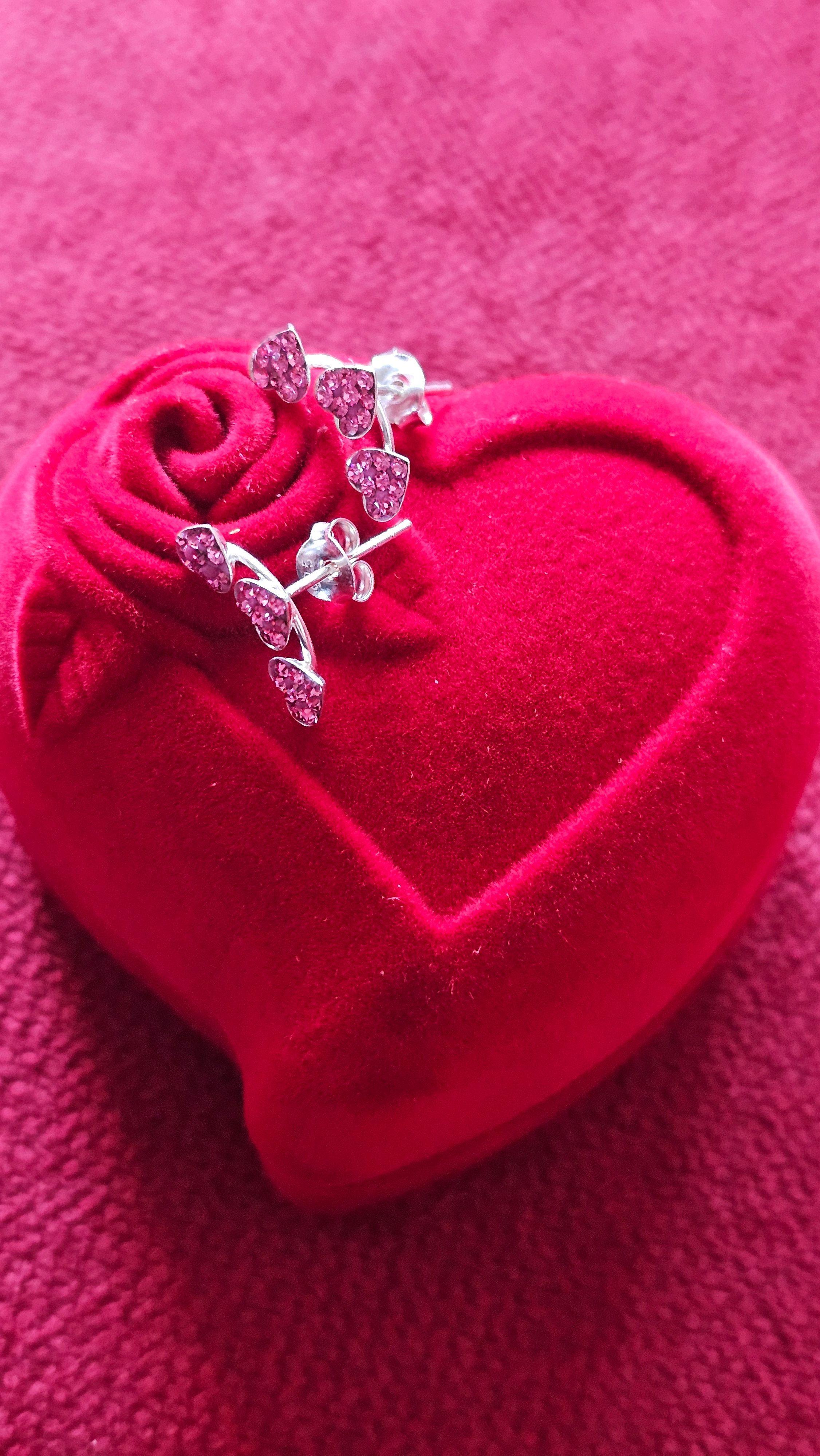 Aros De Plata 925 Trío Corazón Strass Rosa-3