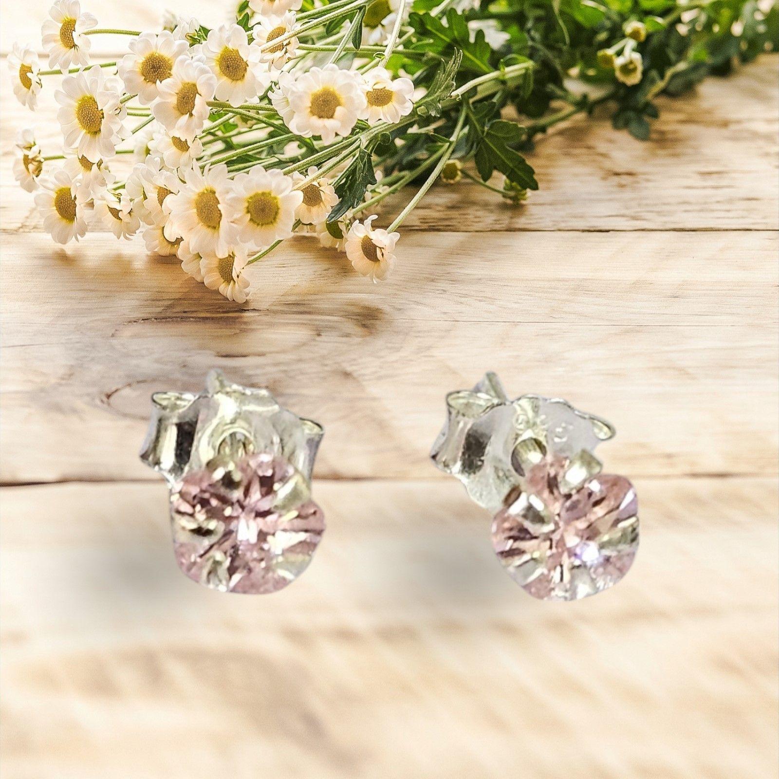 Aros De Plata 925 Flores De Circón Rosa 4 Mm-1