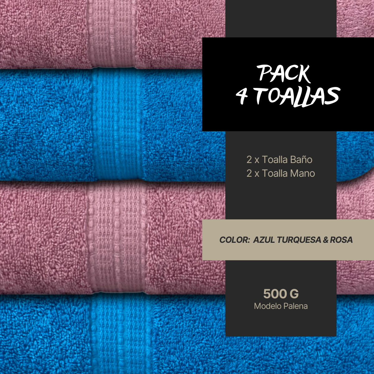 Pack 4 Toallas Chiteco (by Lourdes) 500g Algodon Baño Y Manos Rosa Y Turquesa-1