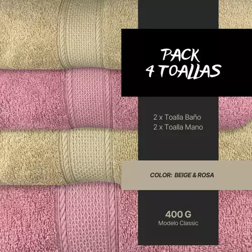 Pack 4 Toallas Chiteco Algod n Ba o Y Manos 400g Colores Rosa y Beige-1