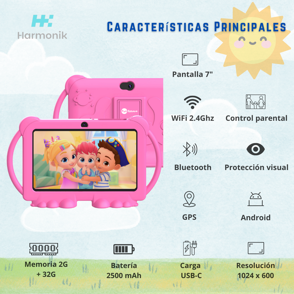 Tablet Para Niños 7 Pulg 2g-32g Control Parental Wifi Playstore Harmonik Q8K-1