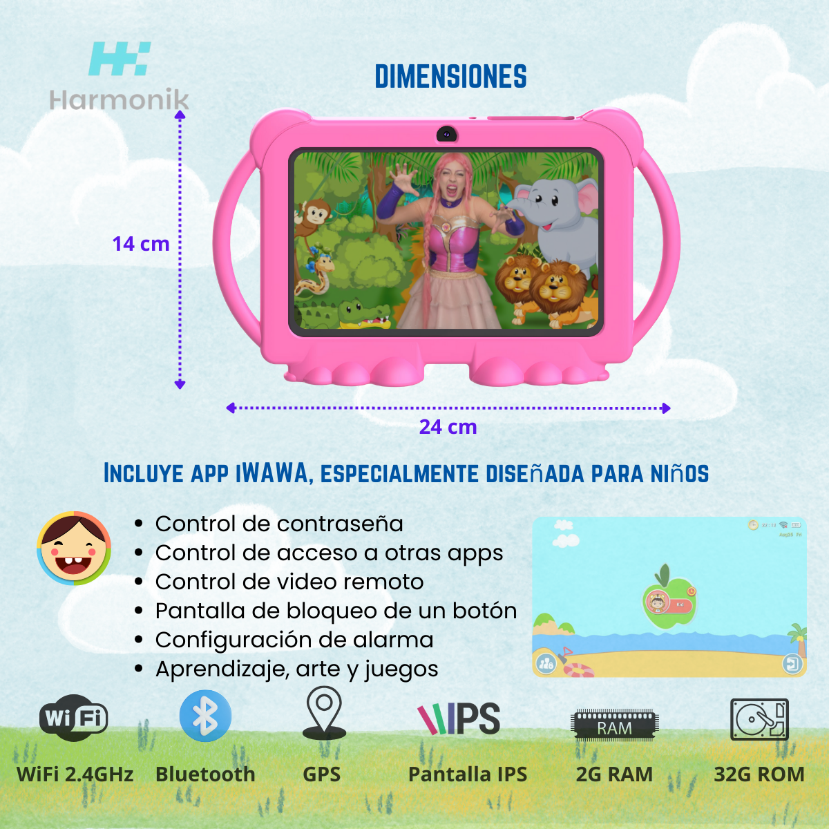 Tablet Para Niños 7 Pulg 2g-32g Control Parental Wifi Playstore Harmonik Q8K-3