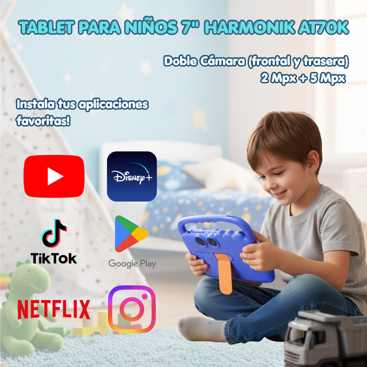 Tablet Para Ni os 7 Pulg 2G 32G Control Parental Wifi Playstore Harmonik AT70K Azul-1