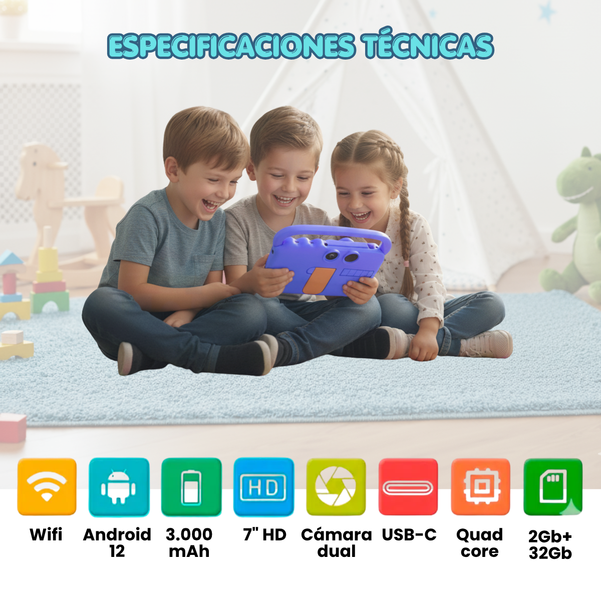 Tablet Para Ni os 7 Pulg 2G 32G Control Parental Wifi Playstore Harmonik AT70K Azul-3