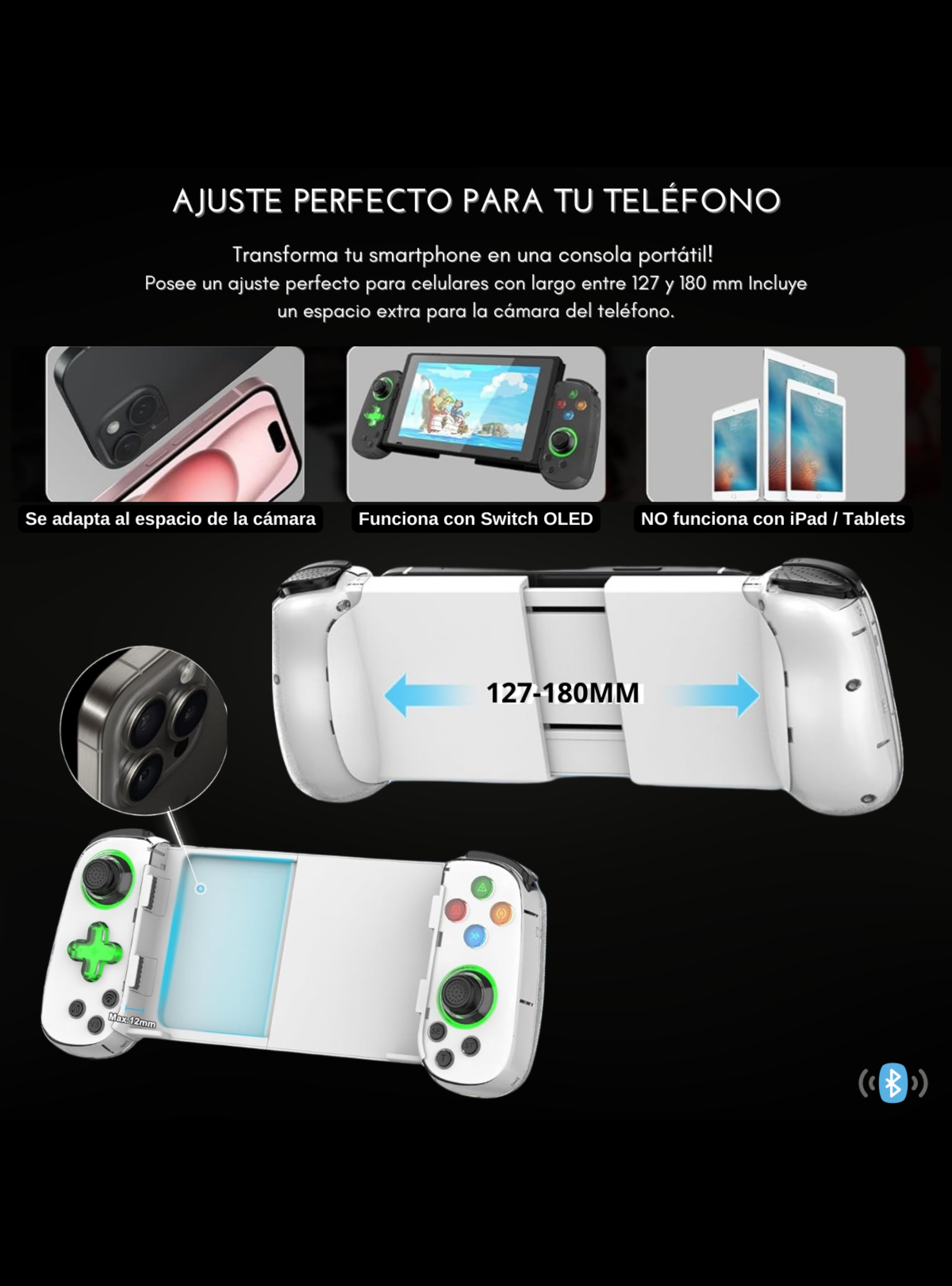 Joystick gamepad BT para celular (ios, Android), tablet, switch, Ps3-4 (Negro)-3
