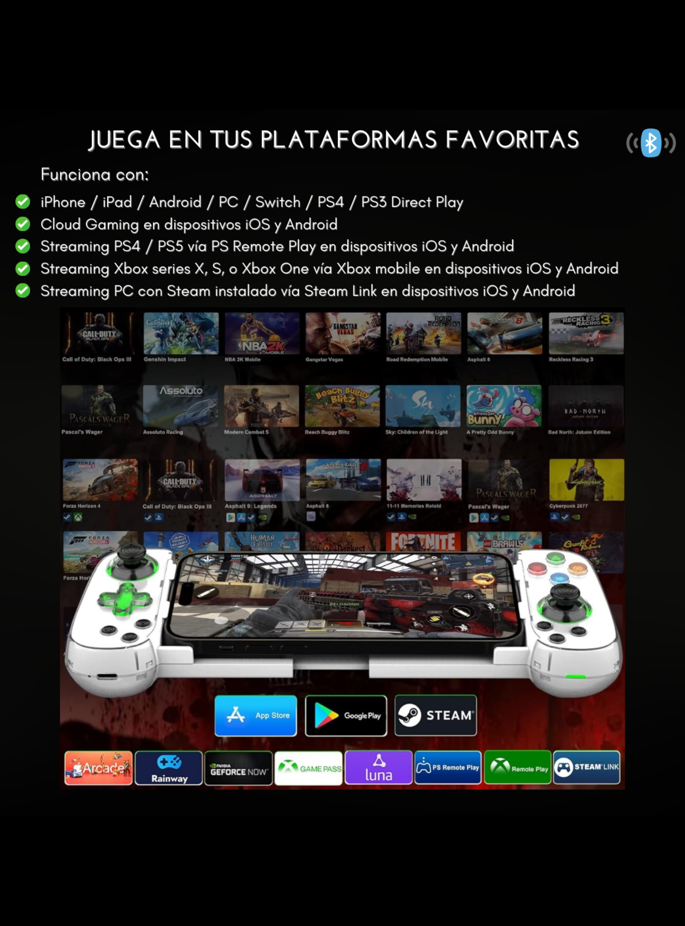 Joystick gamepad BT para celular (ios, Android), tablet, switch, Ps3-4 (Negro)-5