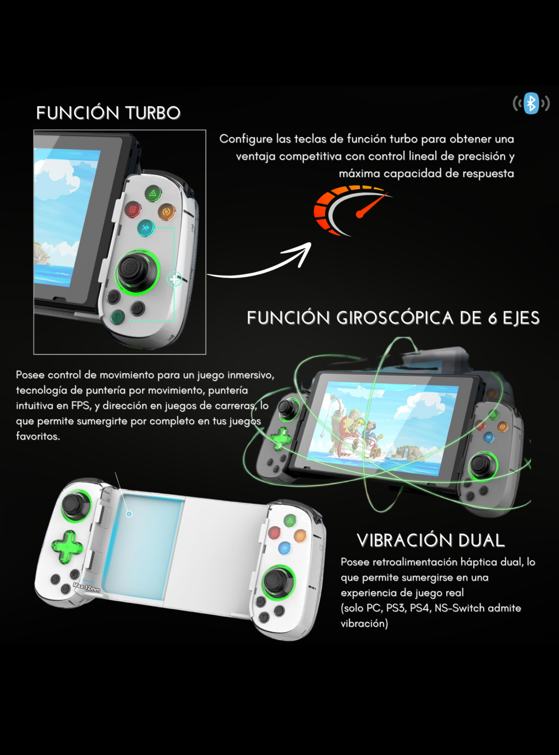 Joystick gamepad BT para celular (ios, Android), tablet, switch, Ps3-4 (Negro)-6