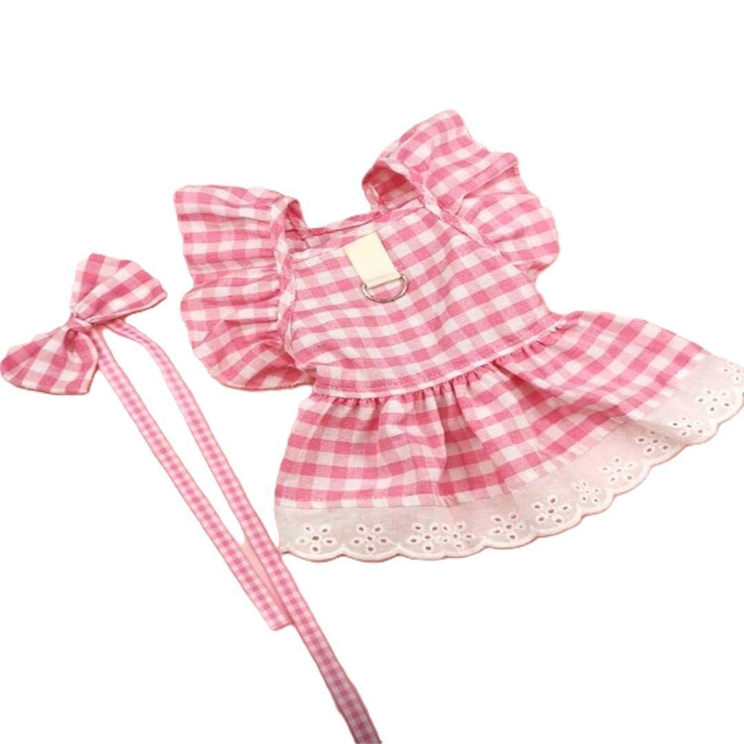 VESTIDO CUADRILLE ROSA Y BLANCO CON LAZO PARA MASCOTAS-2