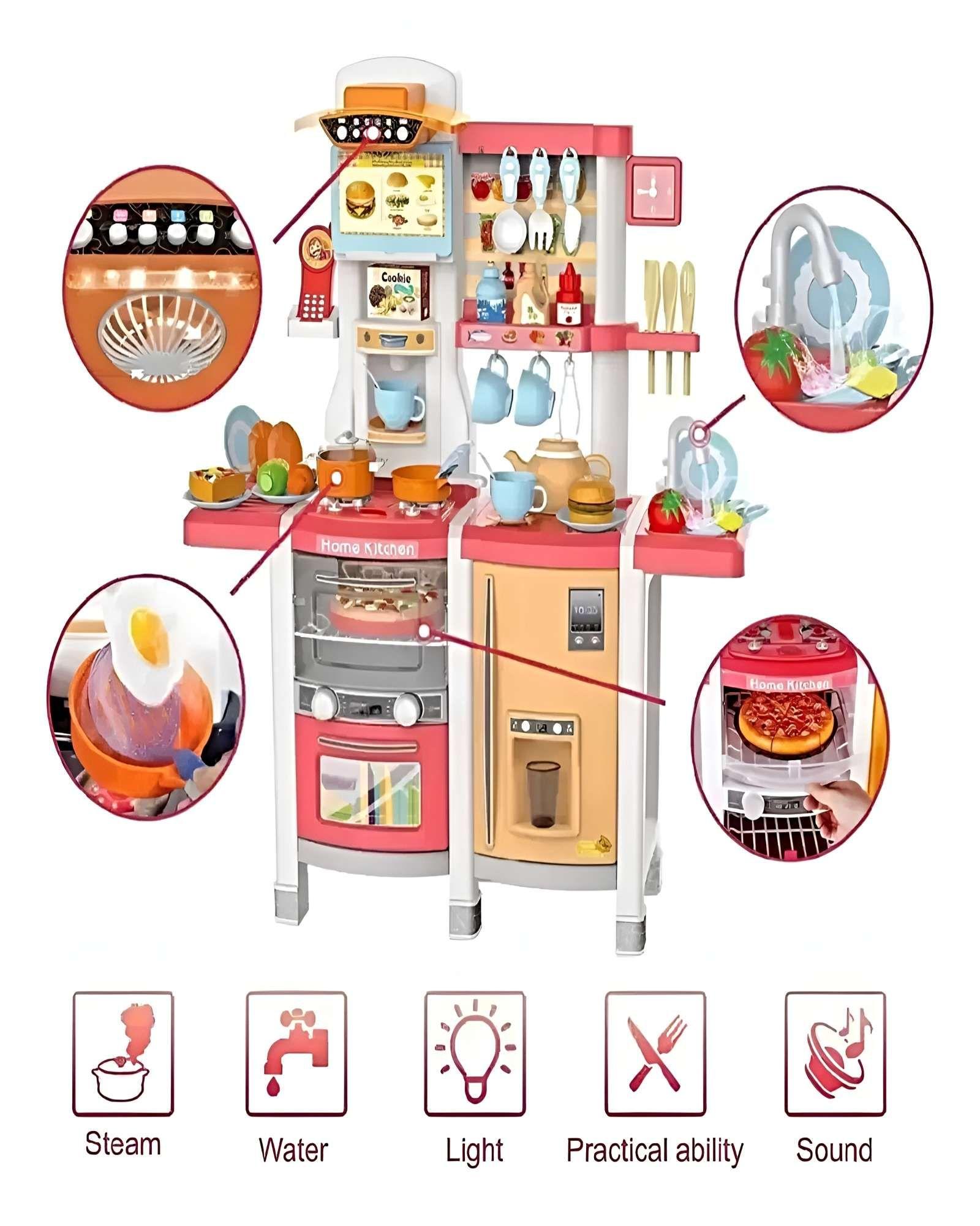 Cocina Infantil Moderna 100 cm con Efecto de Vapor Real, Agua y 66 Accesorios rosada-1