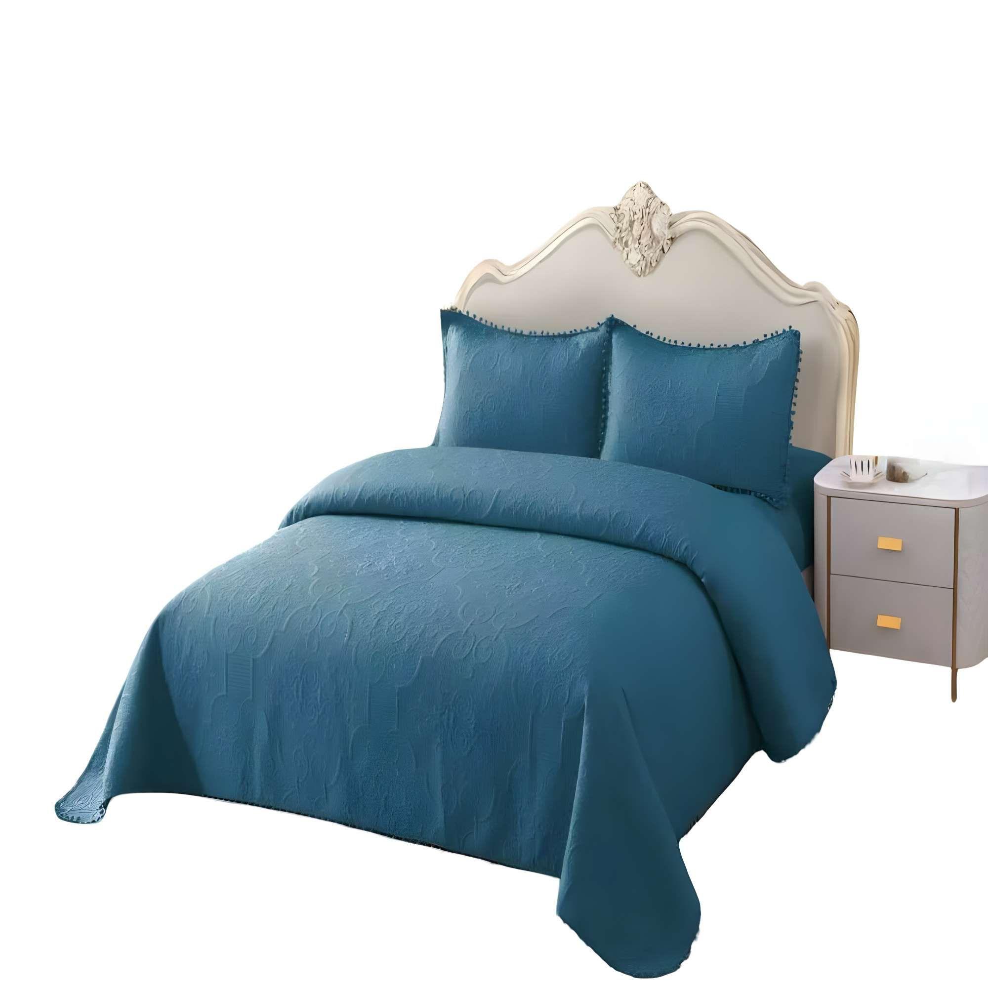 CUBRECAMA VERSATIL CON POMPONES 1,5P COLOR AZUL-3