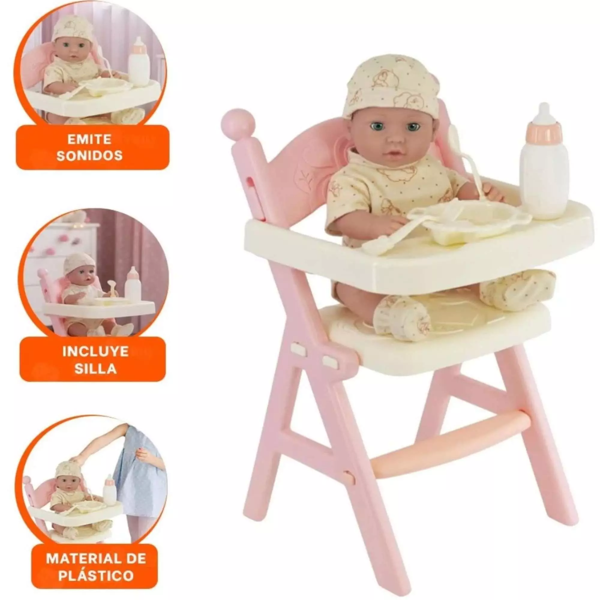 ADORABLE MUÑECA CON SILLA ALTA DE ACCESORIO 49CM-2