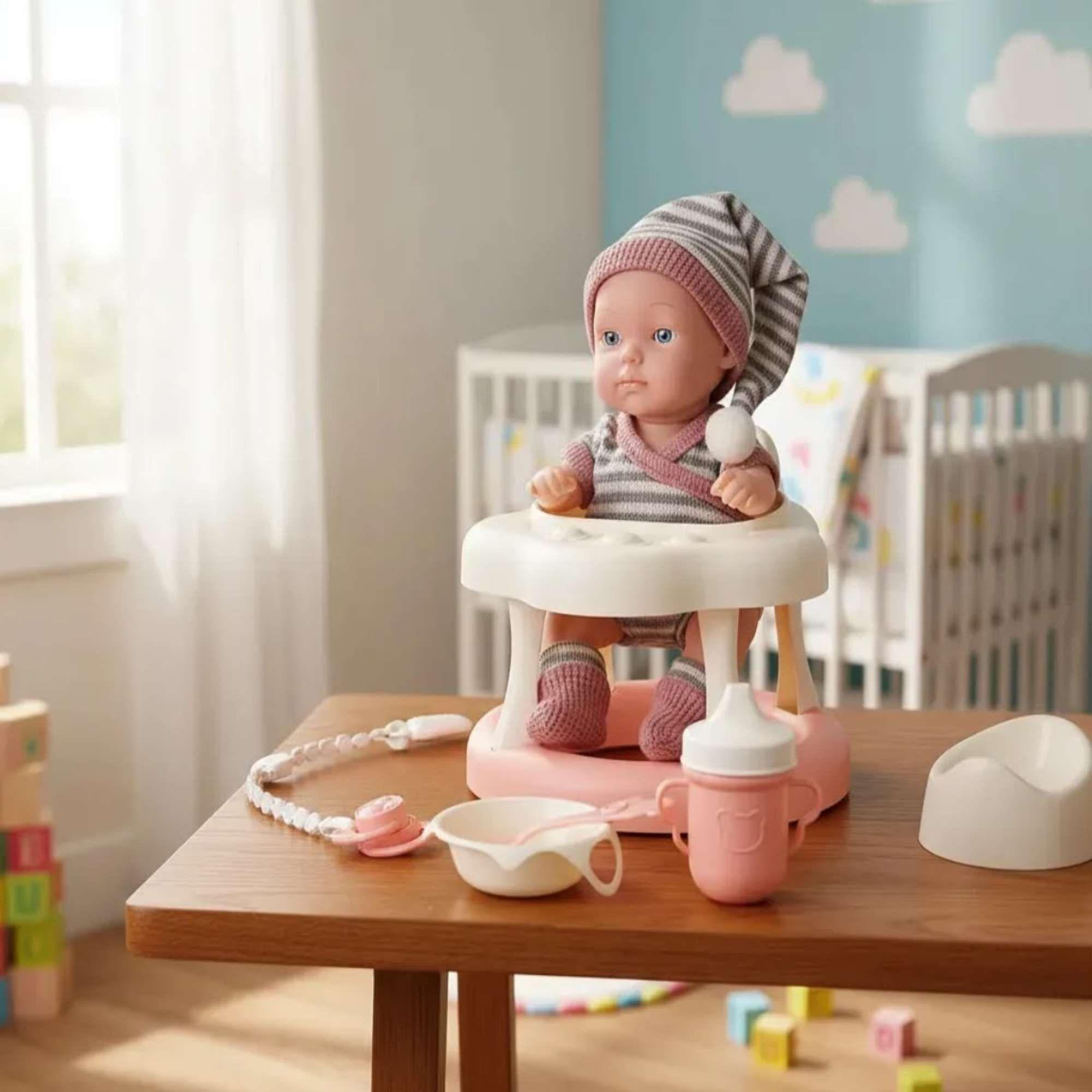 ADORABLE MUÑECA CON SILLA DE COMER DE ACCESORIO DE 23CM-2