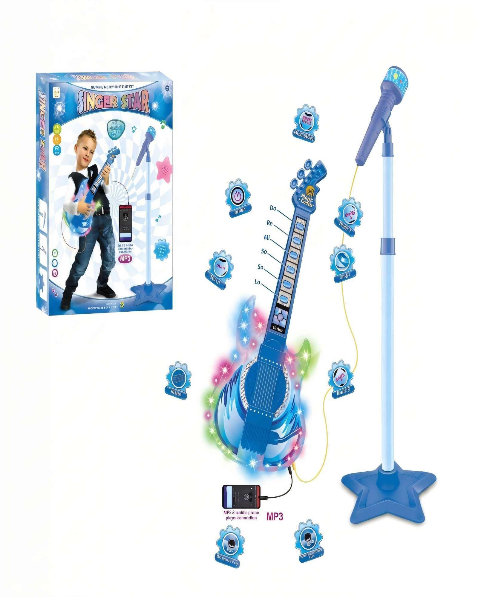 PACK JUGUETE GUITARRA, MICROFONO Y SOPORTE COLOR AZUL -1