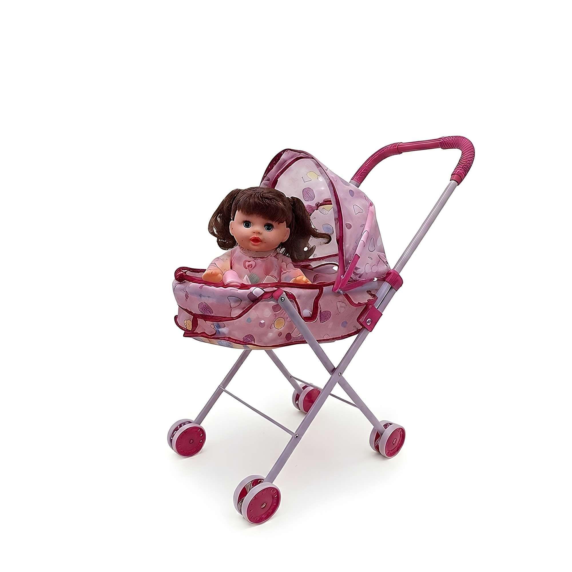 COCHE CUNA MAS MUÑECA METALICO GRANDE ROSADO -2