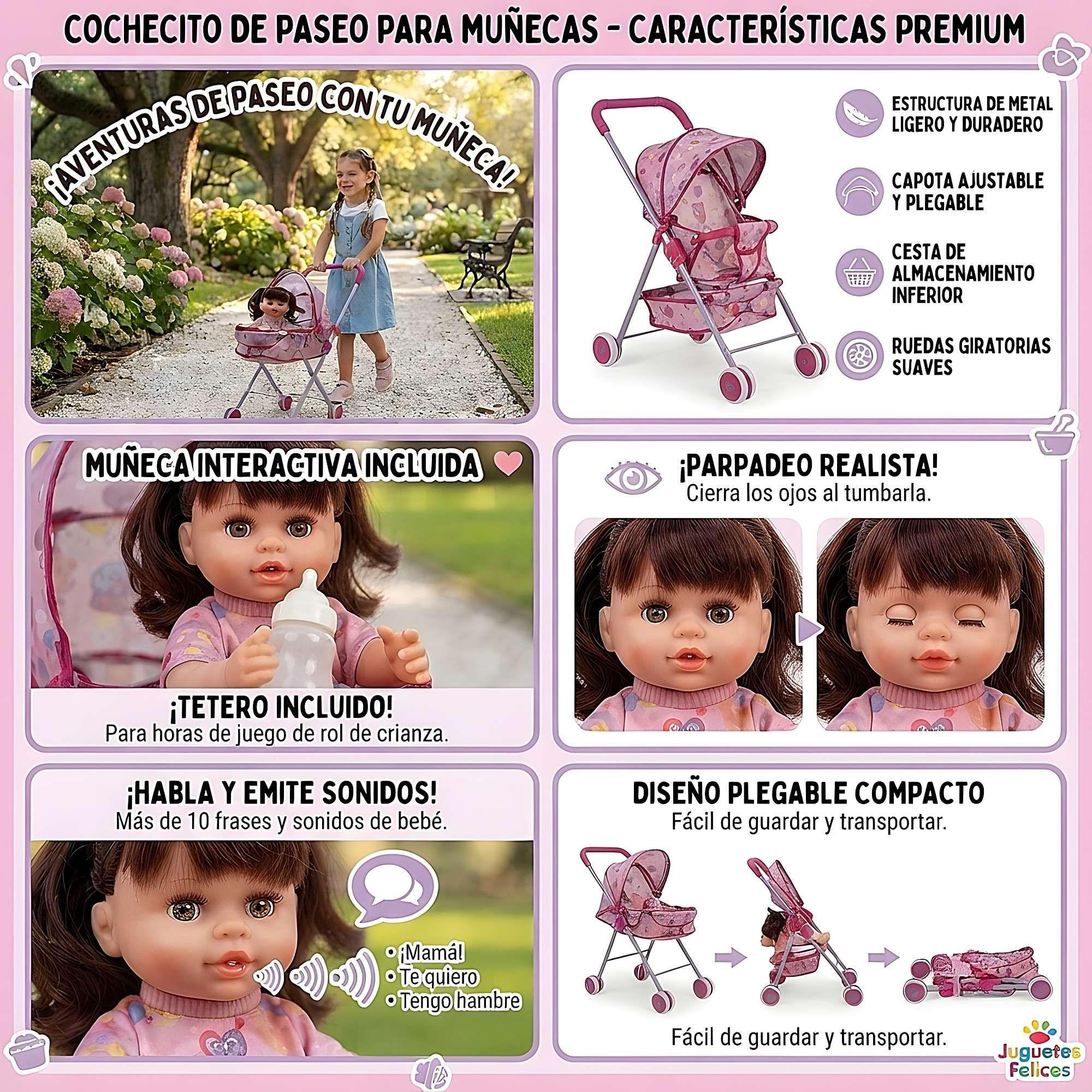 COCHE CUNA MAS MUÑECA METALICO GRANDE ROSADO -3
