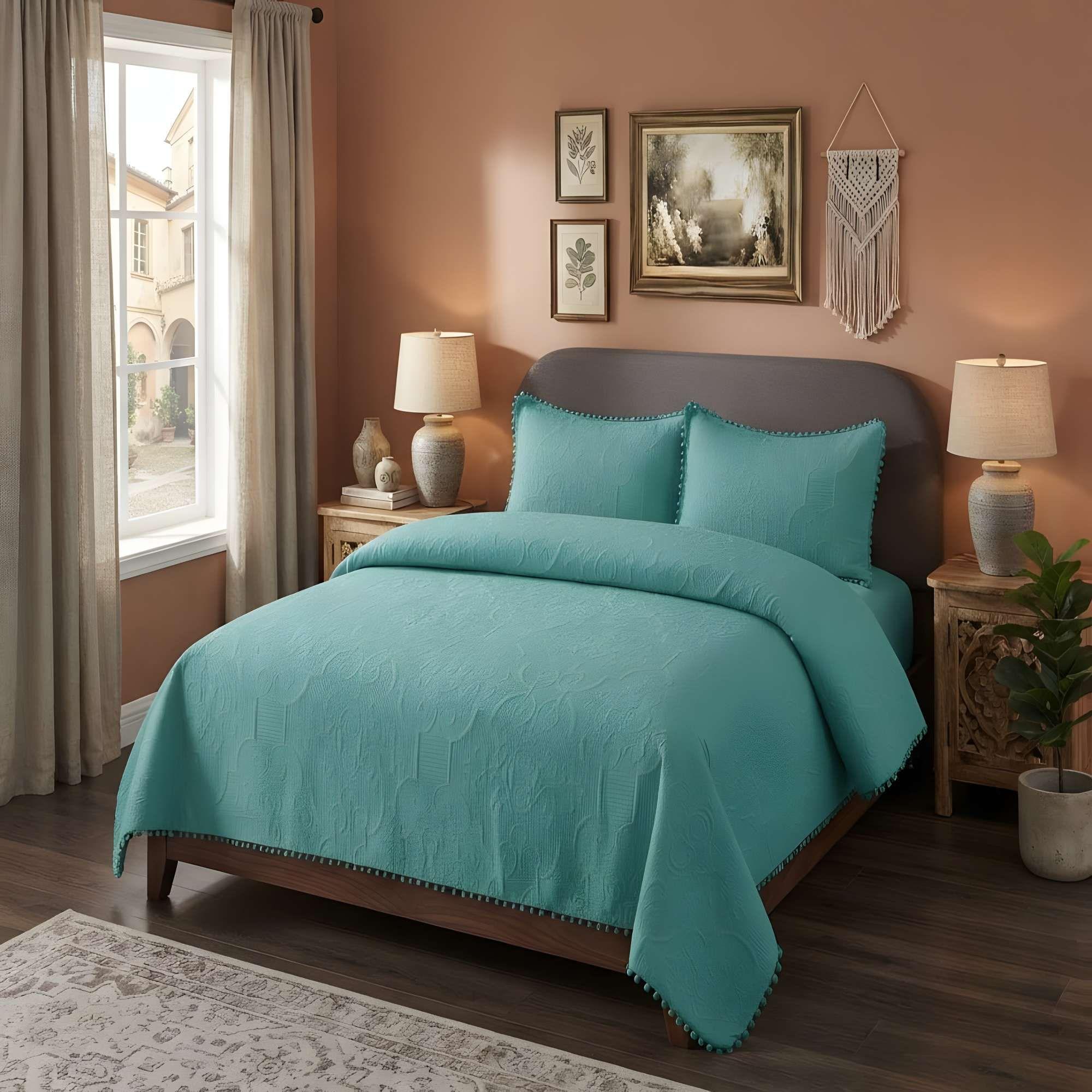 CUBRECAMA VERSATIL CON POMPONES 1,5P COLOR TURQUESA-2