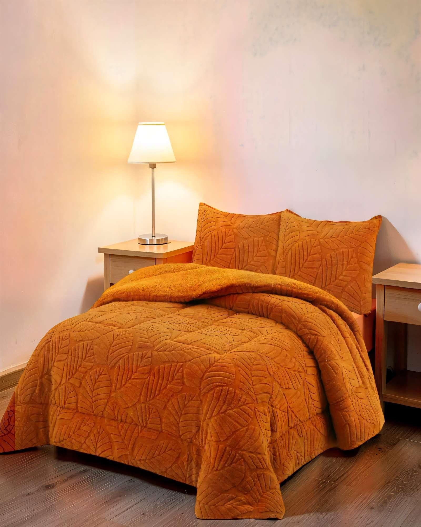 CUBRECAMA CON RELIEVE EN FORMA DE HOJAS KING COLOR NARANJA-3