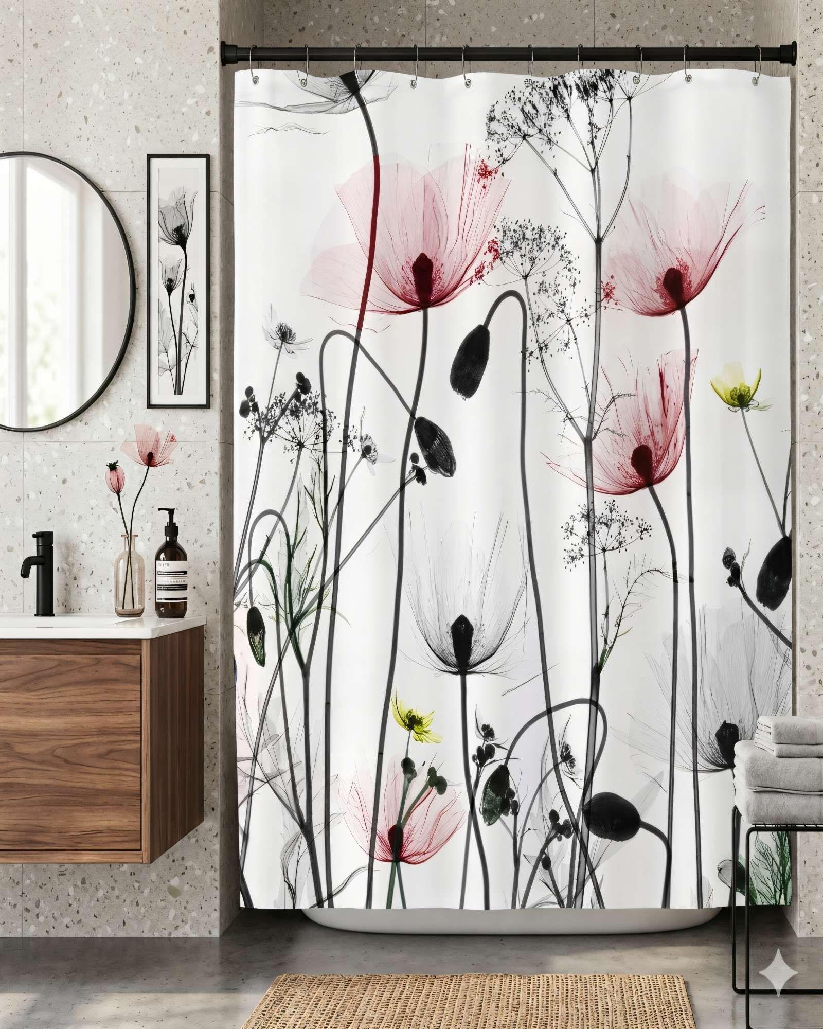 CORTINA PARA BAÑO IMPERMEABLE MAS FORRO CON DISEÑO FLOREADO 4-3