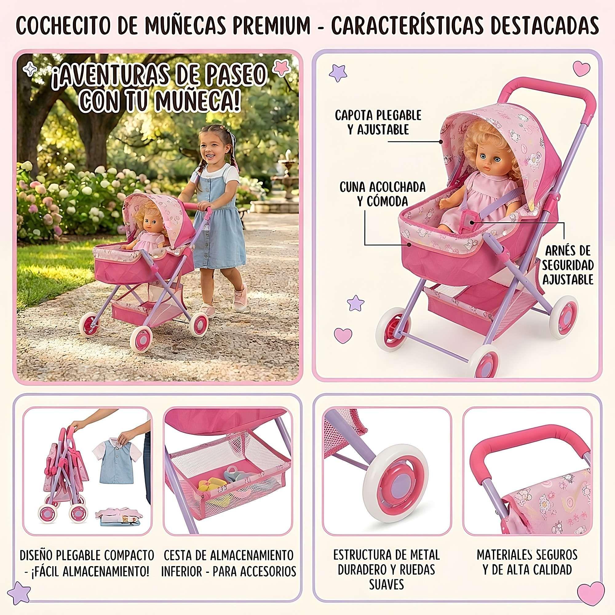 COCHE CUNA PARA MUÑECAS METALICO GRANDE ROSADO -3