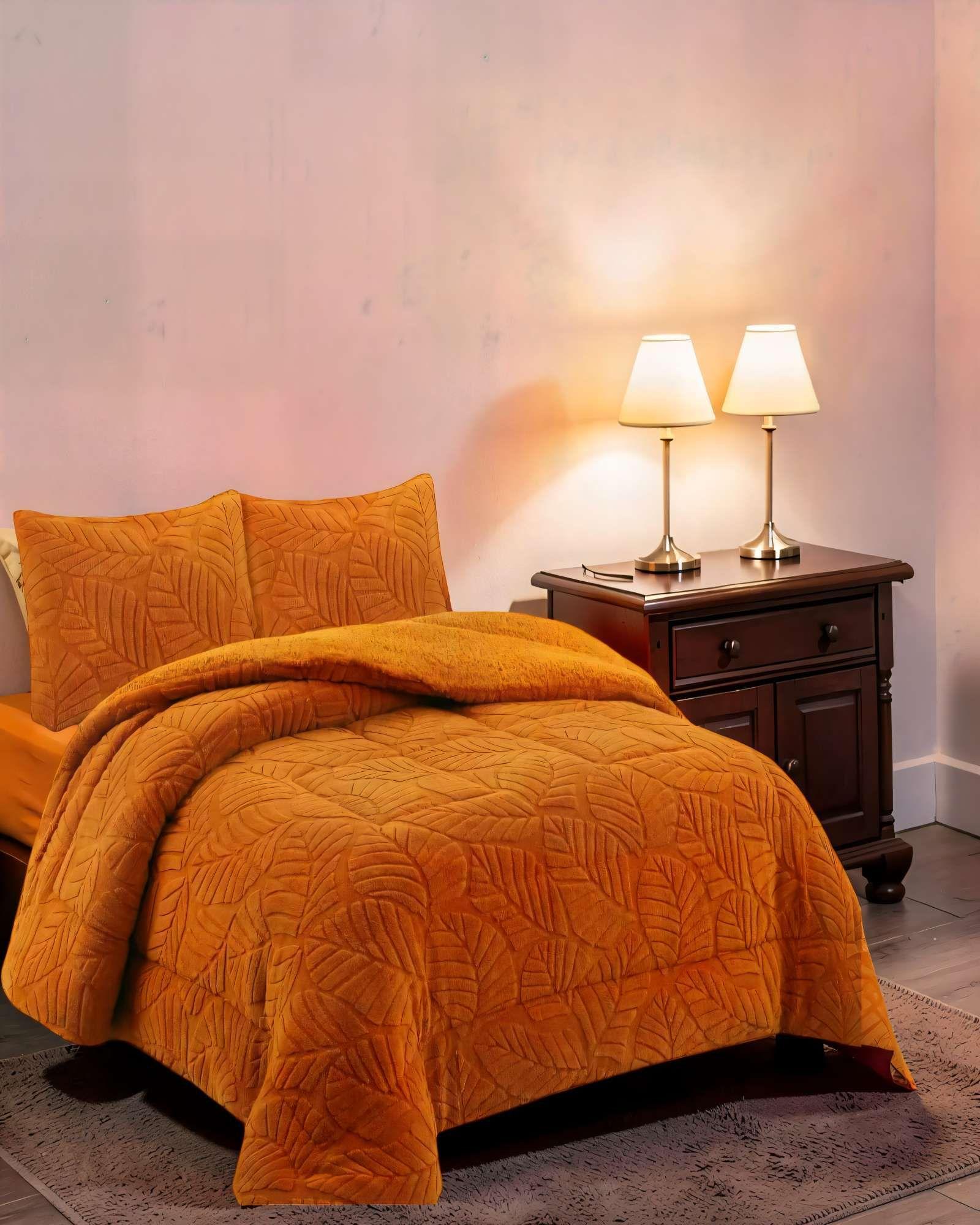 CUBRECAMA CON RELIEVE EN FORMA DE HOJAS 2 PLAZAS COLOR NARANJA-2