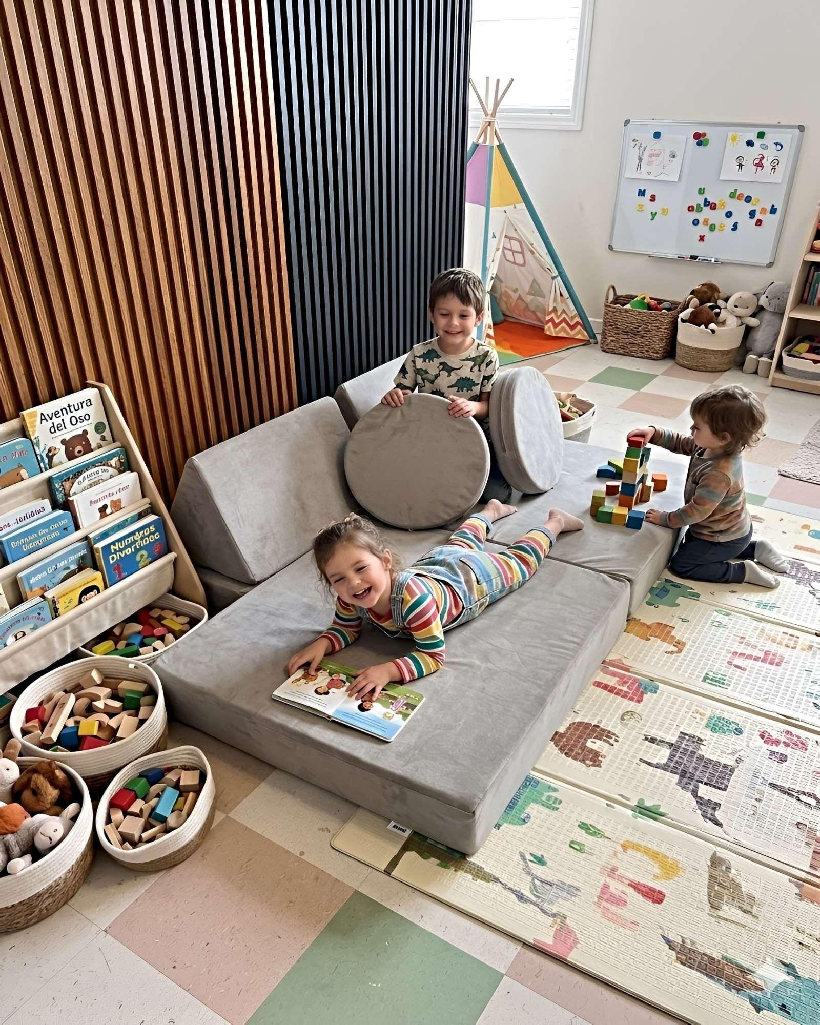 Sofá Modular de Juegos 5 Piezas - Construcción Resistente para Pequeños Arquitectos rosa gris c.-1