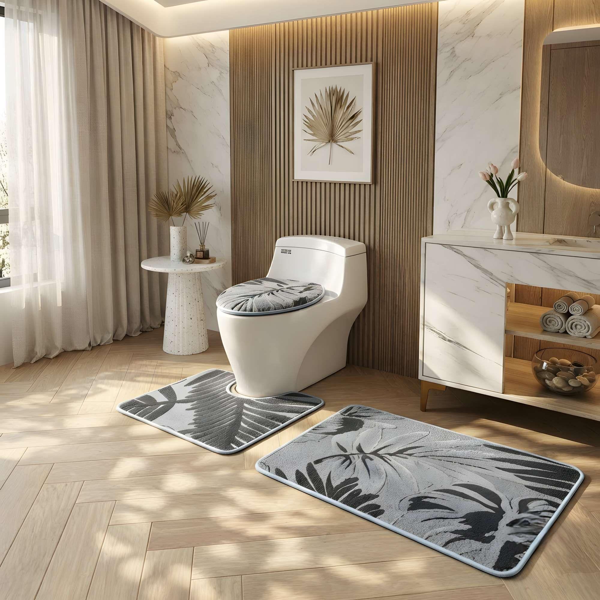 SET PARA BAÑO DE 3 PIEZAS CON DISEÑO FLOR COLOR GRIS-0