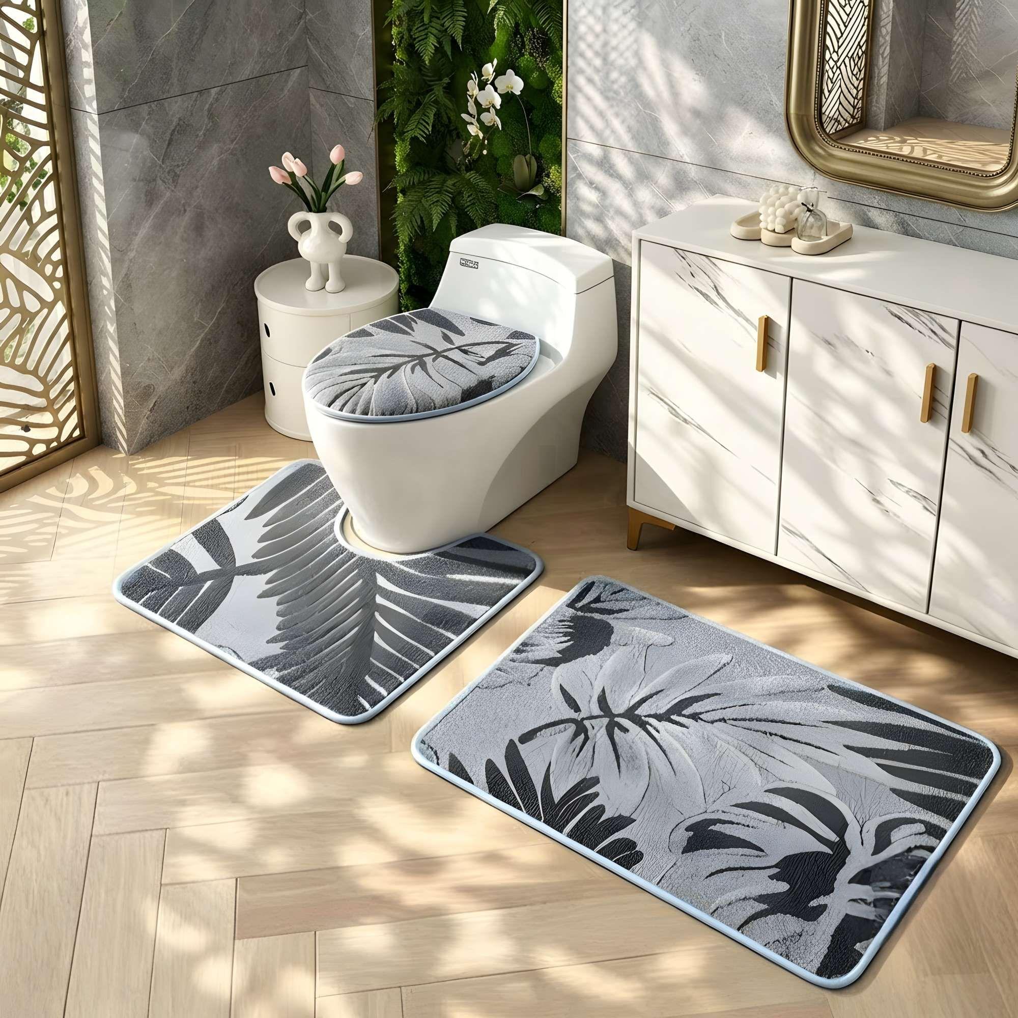 SET PARA BAÑO DE 3 PIEZAS CON DISEÑO FLOR COLOR GRIS-1
