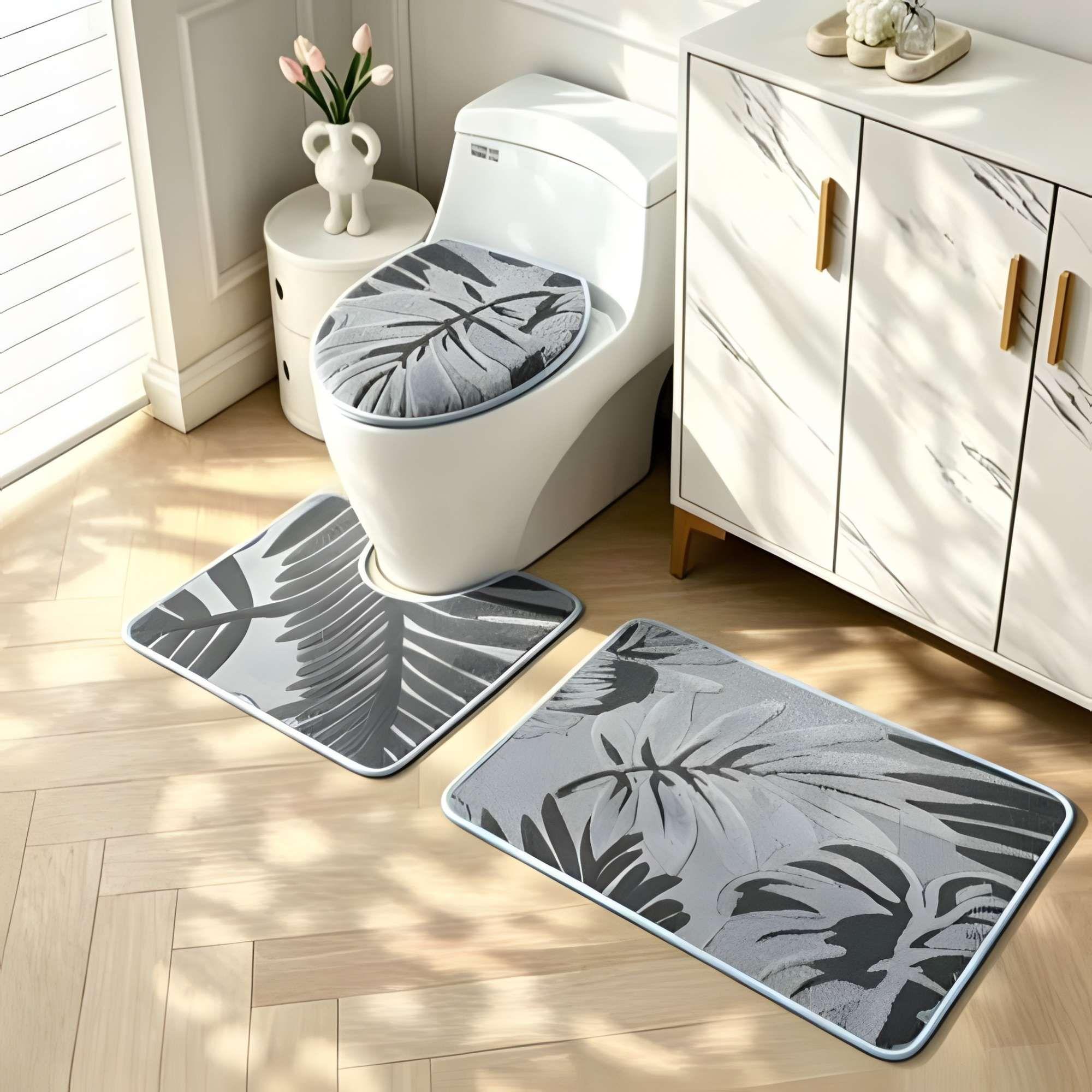 SET PARA BAÑO DE 3 PIEZAS CON DISEÑO FLOR COLOR GRIS-2