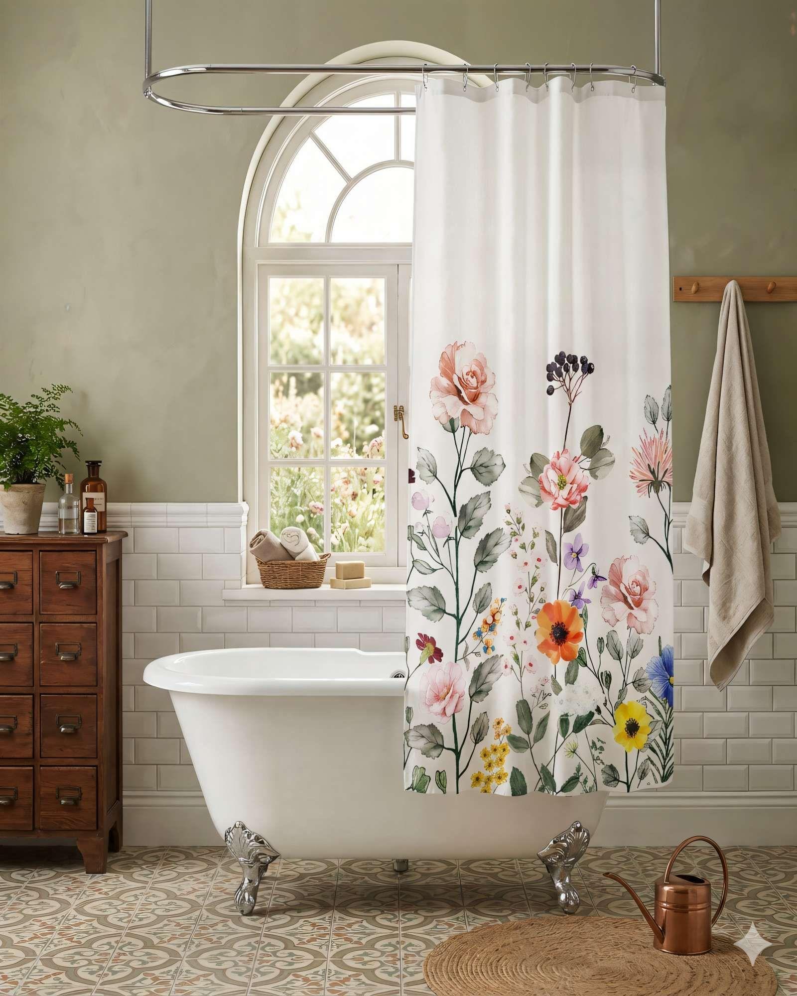 CORTINA PARA BAÑO IMPERMEABLE MAS FORRO CON DISEÑO FLOREADO 2-2