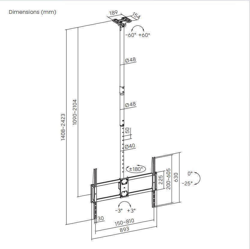 Soporte de Techo para TV de Alta Carga  50"~100" - 80KG  Inclinable Sbrp1568XL  Brasforma-2